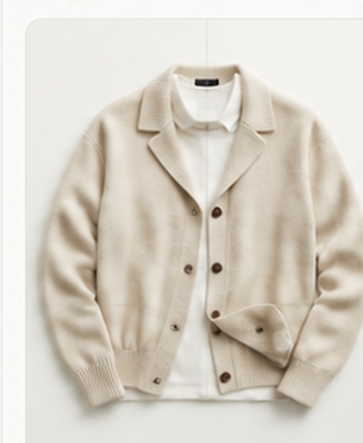 Cardigan beige photographié pour la démonstration
